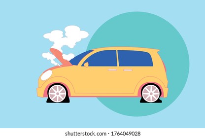 the orange car sits with the hood open, under the hood smoke comes out,the car broke down,illustration,cartoon.