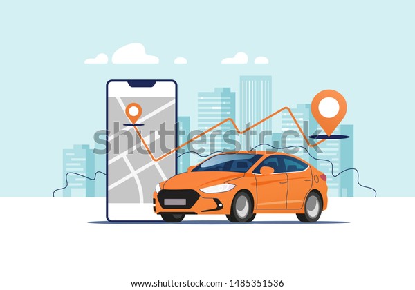 Orange car, smartphone with\
route and points location on a city map on the urban landscape\
background. Car and satellite navigation systems concept vector\
illustration.