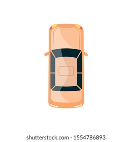 Orange car top view, simple sedan automobile isolated on white background, auto vehicle roof seen from above drawn in flat cartoon style - vector illustration