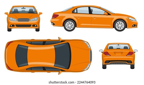 Orange car vector template with simple colors without gradients and effects. View from side, front, back, and top