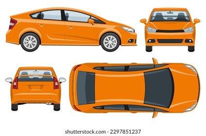 Plantilla vectorial de coche naranja con colores simples sin gradientes y efectos. Vista desde un lado, frente, atrás y superior