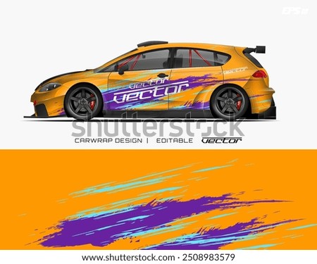 Orange car wrap design featuring vibrant purple and blue graphic elements. Perfect for branding and customizing vehicles with a bold and eye catching style.