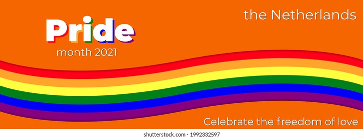 Orange card concept for Pride month in the Netherlands vector illustration with text. Rainbow spectrum LGBTQ pride symbol.