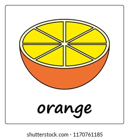 orange -  сartoon card, worksheet for children. Education game for kids. flashcards for learning English.