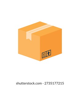 An orange cardboard box with packaging tape and a fragile label.