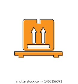 Orange Cardboard boxes on pallet icon isolated on white background. Closed carton delivery packaging box with fragile signs.  Vector Illustration