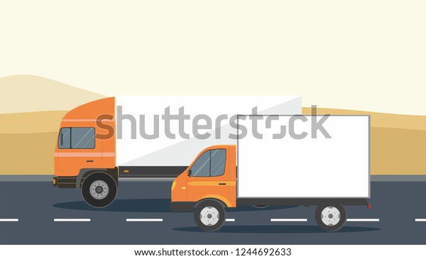 Orange Cargo Delivery Truck and van
Isolated on in the desert Background. Vector
Illustration