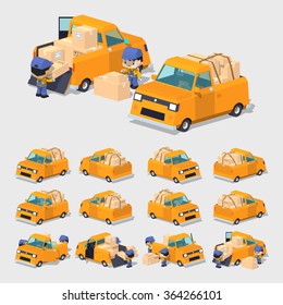 Orange cargo pickup truck. 3D lowpoly isometric vector illustration. The set of objects isolated against the white background and shown from different sides