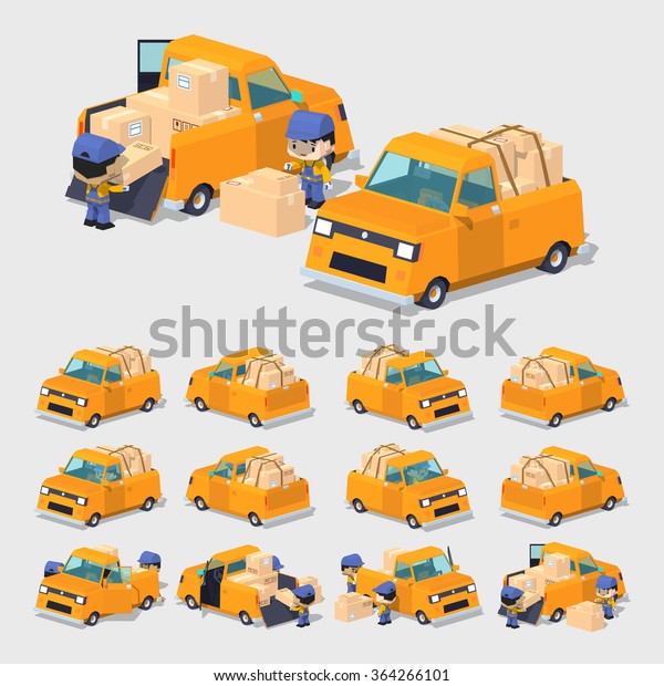 Orange cargo pickup truck. 3D lowpoly\
isometric vector illustration. The set of objects isolated against\
the white background and shown from different\
sides