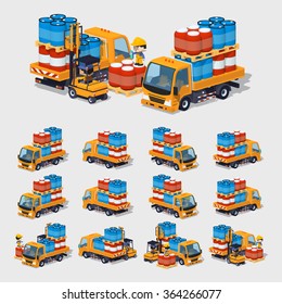 Orange cargo truck full of barrels. 3D lowpoly isometric vector illustration. The set of objects isolated against the white background and shown from different sides