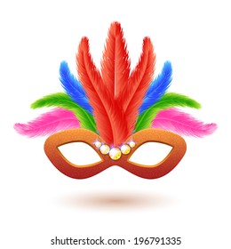 Orange carnival mask with feathers and gems. Vector design