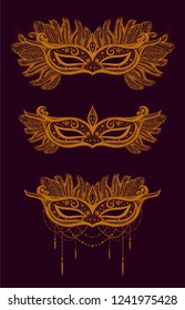 Orange carnival masks on the purple background. Boho chic. Mask for new year masquerade.