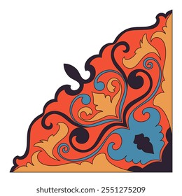 Orange carpet element corner. Vintage corner. Fabric pattern decorative corner.