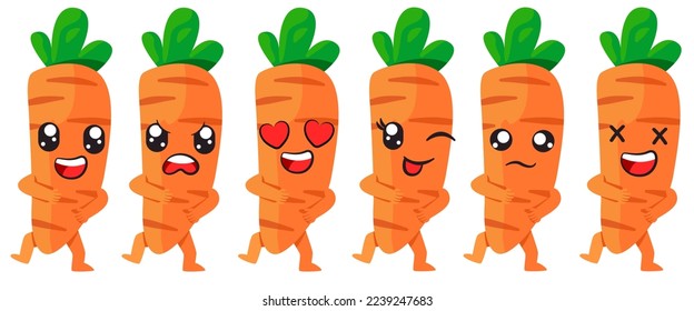 Orange carrot cartoon character adorable face expression happy sad loved dancing happy cartoon