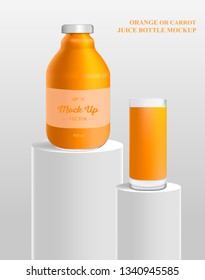 Orange or carrot juice package design with label. Mockup bottle juice. Vector illustration.
