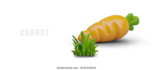 Orange carrot lies near green grass. Crispy edible root. Cute color illustration in 3D style