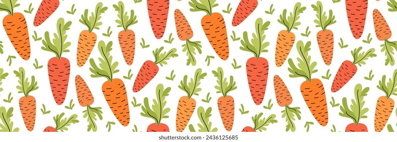Orange Carrot seamless pattern. Background of useful vegetables for healthy diet. Hand drawn farm products and crops. Harvest festival. Wrapping paper or restaurant menu. Vector flat illustration.