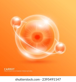 Orange carrot slice in bubble surrounded by collagen solution serum for cosmetic beauty nutrition. Fruits rich in vitamins from natural. Vitamin A essential to the health skin care. Vector.