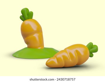 Orange carrot is sticking out of ground, lying nearby. Good harvest