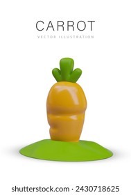 Orange carrot sticks out of ground. Vector 3D object in vertical position