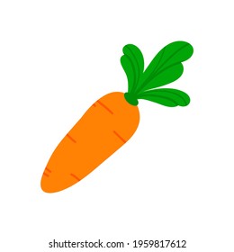 Orange carrot vegetable with green leaves cute cartoon style vector illustration, icon.