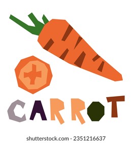 Orange carrot, whole and in section, highlighted on a white background. The original signature is a carrot. Products from the farmer's market, organic food. Geometric stylized flat vector illustration