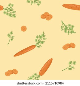 Orange carrots with haulm seamless pattern. Sliced carrot.