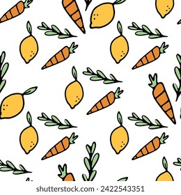 Orange carrots and lemon seamless pattern. Vector illustration