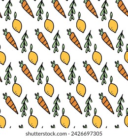 Orange carrots and lemon seamless pattern. Vector illustration