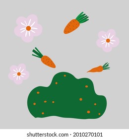 orange carrots, pink flowers and a bush with berries
