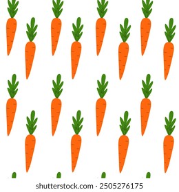 Orange carrots seamless pattern. Healthy food and weight loss. Autumn harvest season. Vector background, digital paper, wallpaper.