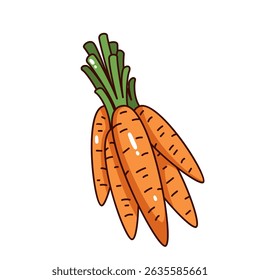 Orange carrots tied in bunch with green tops. Hand-drawn style with bold outlines and playful look. Groovy cartoon doodle for food designs, labels or farm-themed graphics. Vector illustration.