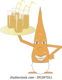 Orange carrots in a white apron, holding a tray with glasses in hand on white background, shiny glasses of juice, yellow  straws the chef, the waiter, vector