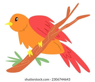 orange cartoon bird perched on a tree branch. suitable for children's book illustration, print, poster, sticker. cartoon flat vector illustration.
