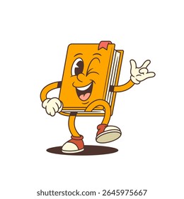 Orange cartoon book mascot character winking and expressing joy while making the ILY hand gesture, symbolizing love, emotion and communication in fun design. Bright and expressive. Vector illustration