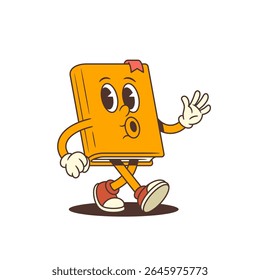 Orange cartoon book mascot character in red sneakers and bookmark walking with confident expression and whistling. Cheerful design with positive energy in educational theme. Vector illustration