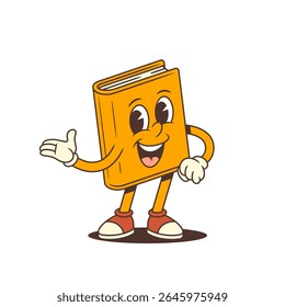 Mascote do livro de desenhos animados laranja alegremente contando uma história envolvente enquanto gesticula com a mão, expressando emoções amigáveis e entusiasmo. Perfeito para conteúdo educacional e infantil. Ilustração vetorial