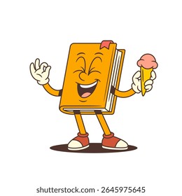 Orange cartoon book mascot laughing with closed eyes while holding an ice cream cone and displaying a positive ok gesture. Perfect for fun educational and playful design projects. Vector illustration