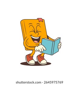 Mascote laranja do livro de desenhos animados rindo alegremente com os olhos fechados enquanto lê uma história humorística. Personagem alegre expressivo adequado para diversão, educação e conteúdo infantil. Ilustração vetorial