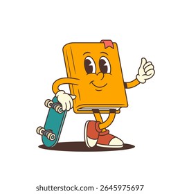 Mascote laranja do livro de desenhos animados apoiando-se confiantemente no skate verde brilhante enquanto mostra um gesto de polegares para cima expressando positividade e entusiasmo para aprender e temas de educação. Ilustração vetorial