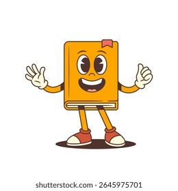 Orange cartoon book mascot looking straight ahead with a joyful expression and thumbs up gesture, symbolizing positivity and encouragement in learning and education materials. Vector illustration