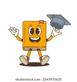 Orange cartoon book mascot wearing academic cap, joyfully waving graduation hat and showing ok hand sign, symbolizing celebration, education, and knowledge. Bright colorful vector illustration