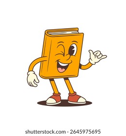Orange cartoon book mascot winking with a cheerful face while showing a hang loose hand gesture, conveying friendly and relaxed vibes related to education and learning concepts. Vector illustration