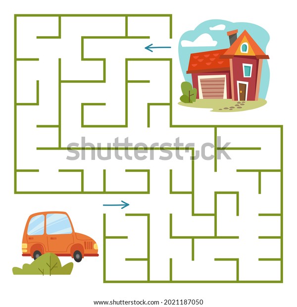 An\
orange cartoon car drives to the building through the Labyrinth.\
Square maze with path finding. A maze for a child s problem. The\
development of preschoolers. Vector\
illustration.
