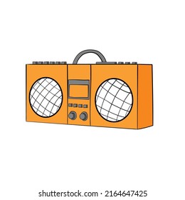 Orange cartoon cassette music boombox hand drawn isolated on white background. Flat design. Vector illustration.