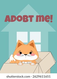 Orange cartoon cat in cardboard box, adopt me text, cute pet adoption poster, blue house background
