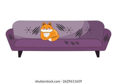 Orange cartoon cat on purple sofa with scratch marks, funny pet behavior, isolated, home decor vector art