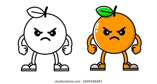 orange cartoon character with angry expression clenched fist complete with sketch, orange icon, orange logo, suitable for sticker or emot.