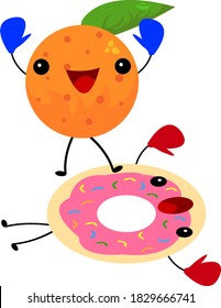 orange cartoon character boxer in blue gloves beat sweet donut concept of healthy food and vitamins object on white background