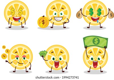 Orange cartoon character with cute emoticon bring money. Vector illustration